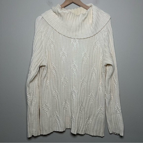 Talbots‎ Women Sweater XL Cream Chunky Cable Fisherman Knit Cowl Angora Cotton - Picture 1 of 8